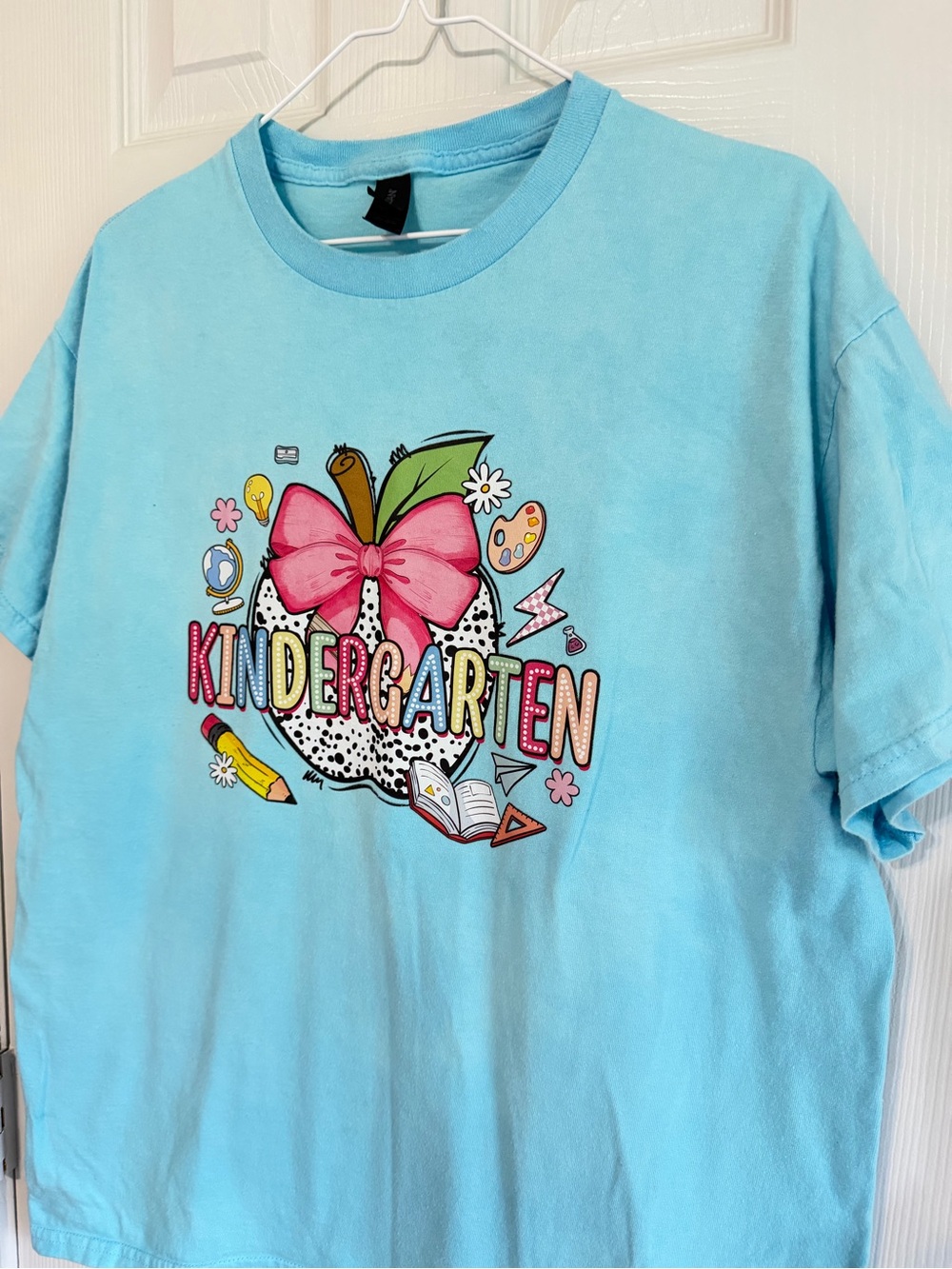 Gildan Light Blue Short Sleeve Kindergarten teacher Graphic Tee with Pink Bow - Picture 2 of 8